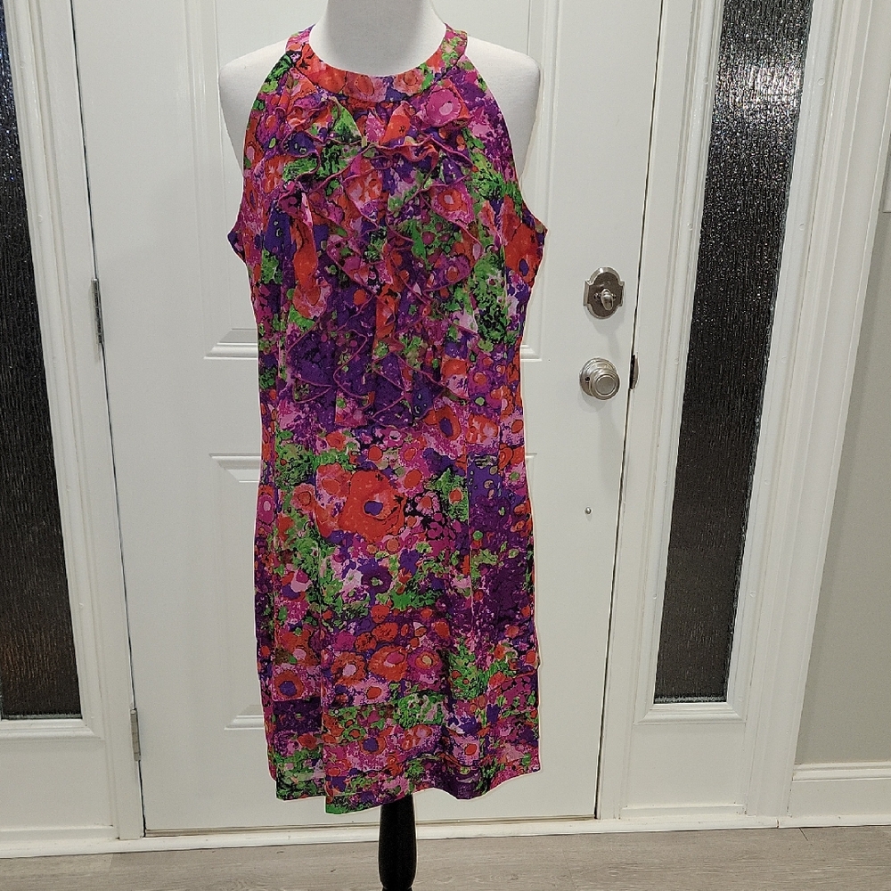 madison leigh Floral Ruffle Halter Midi Dress in Purple, Pink, Green